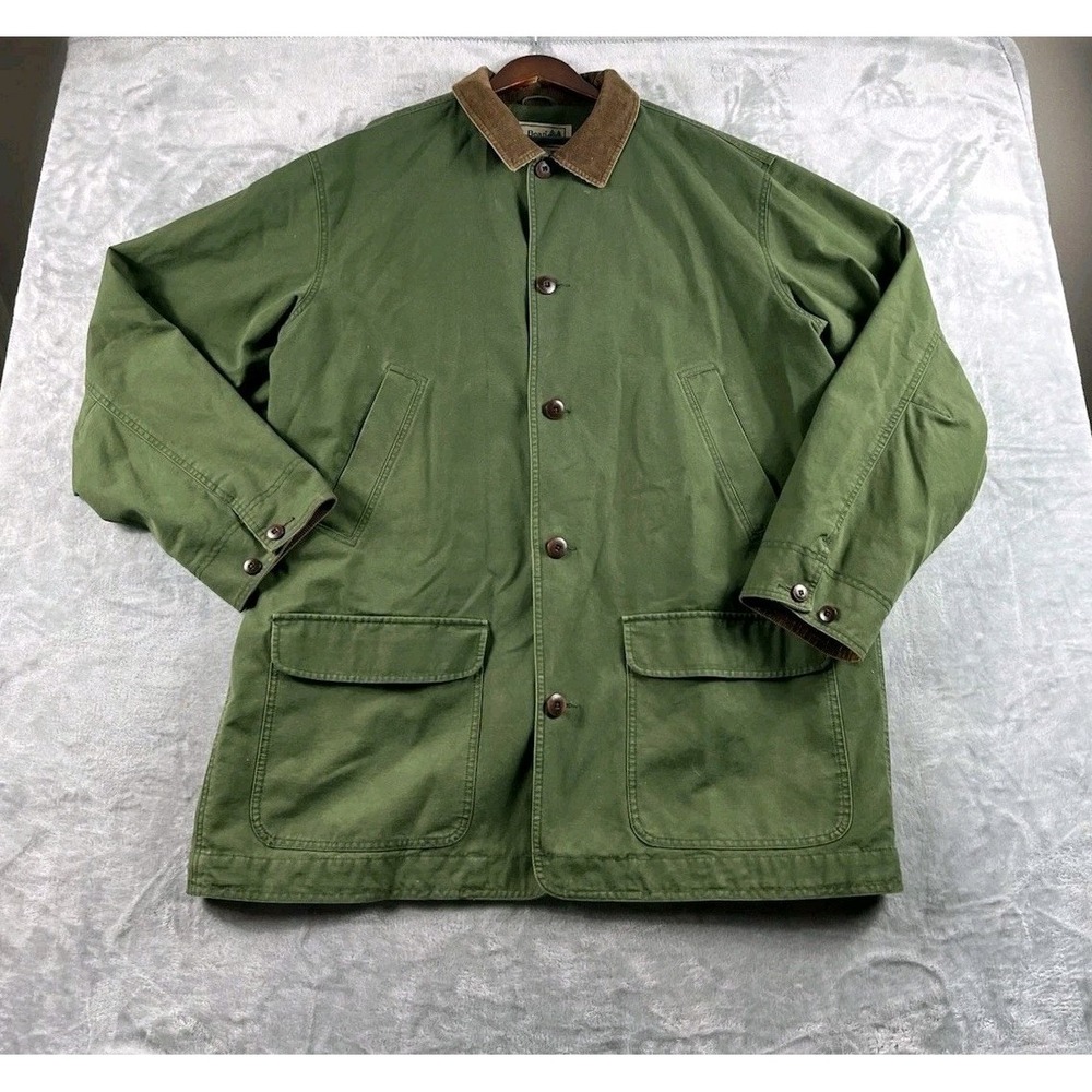 LL Bean Chore Barn Coat Mens 2XLT Tall Green Lined Canvas Corduroy Collar READ